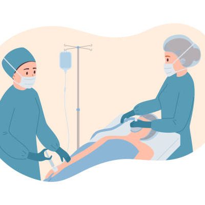 Patient in hospital lies under a sedative mask, doctors and anesthetist doing general anesthesia. Surgical anesthesia. Medical treatment care for emergency life support ill person vector illustration